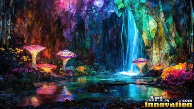 Flowing into a pool, a blue waterfall spills past bright mushroom glass in a cave