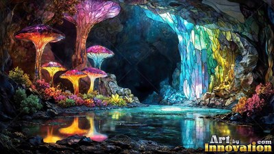 Giant leaded colored glass mushrooms beside a quiet cave pool