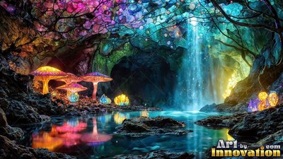 Spotted orange caps on giant mushrooms rise near a waterfall inside a dim cave pool