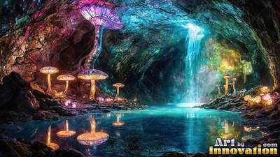 Tall glass mushrooms grow around a pool with a waterfall in bright blue light