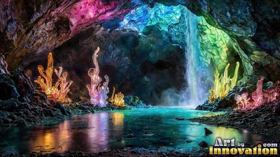 Seen from the front, glass forms rise beside a waterfall in a cave pool
