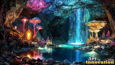 Giant pink and yellow mushrooms grow beside a waterfall in a dark rocky cave pool