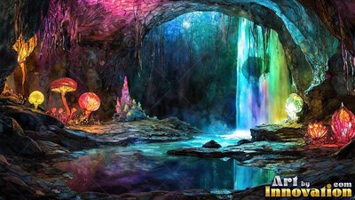 In a rocky cave, bright mushrooms and crystals grow by a waterfall pool