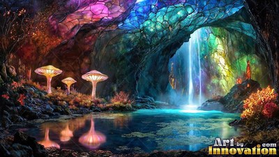 Sprouting by a clear cave pool, bright mushrooms shine below a waterfall