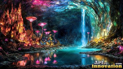 Tinted glass cave with pink mushrooms and a waterfall