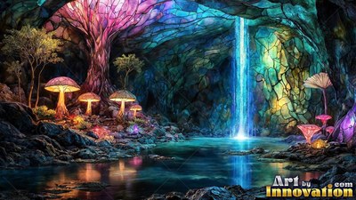 Pink and blue tree canopy over a waterfall and bright mushrooms inside a glass cave pool