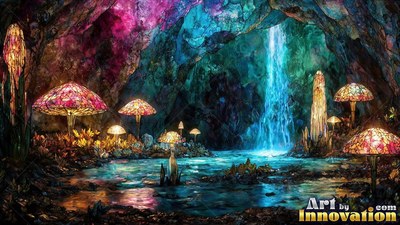 Glass mushrooms sprout beside a cave pool beneath a bright cyan waterfall