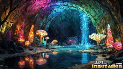 Facing into a dim cave filled with bright mushrooms and a blue waterfall