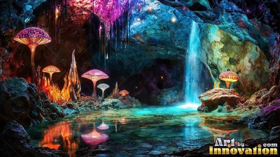 Tall pink mushrooms grow near a small waterfall inside a dim cave pool