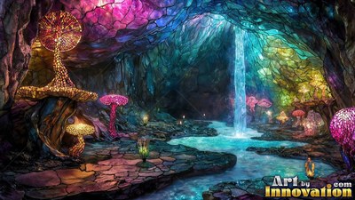 In a tinted glass cave, colorful mushrooms sprout beside a blue waterfall