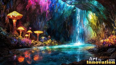Pouring into a cave pool, a blue waterfall spills beside yellow glass mushrooms