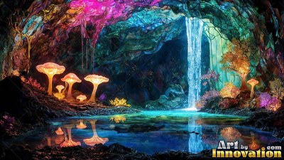 Bright mushrooms shine inside a colorful cave pool waterfall