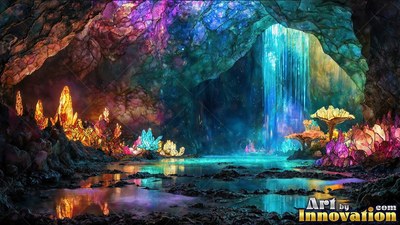 Spiky orange crystals grow beside a shallow pool inside a cave with a blue waterfall