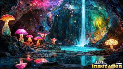 Large mushrooms sprout beside a cave waterfall shining with bright blue light