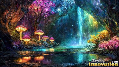 Sp anning across a cave pool, bright mushrooms grow beneath a blue waterfall
