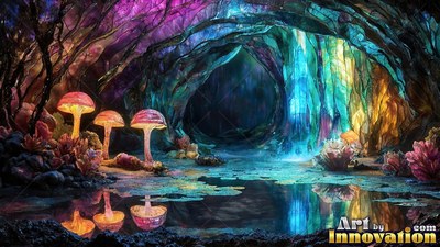 A colorful cave has bright pink mushrooms reflected in a calm pool of water