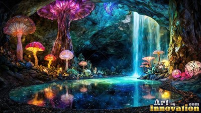 In a dark cavern, bright purple and orange mushrooms grow by a pond