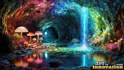 Spilling into a dark cave pool, a blue waterfall shines under bright crystal rocks