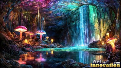 Bright pink mushrooms by a waterfall in a dark cave pool