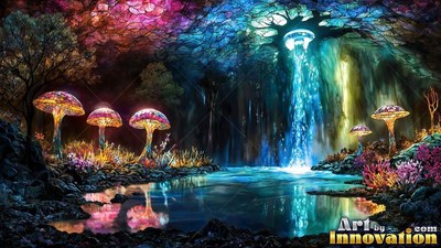 Broad stained-glass caps top giant mushrooms standing beside a bright blue pool in a dark cavern