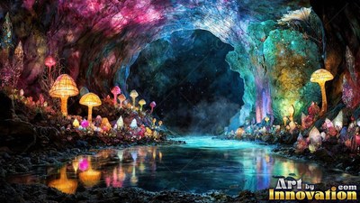 Mushrooms and crystals shine along a cave pool in bright yellow and pink light