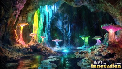 Standing upright inside a dark cave, bright pink and green mushrooms rise by water