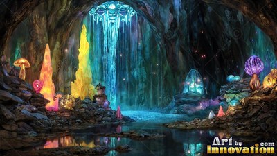 A cave filled with bright crystal spires and mushrooms around a blue pool