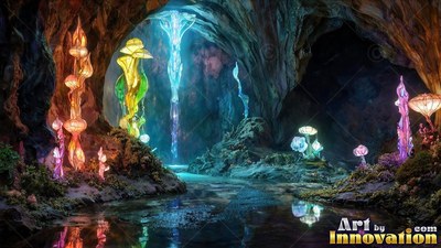 In a rocky cave, colorful glass mushrooms and crystal spires rise by a pool