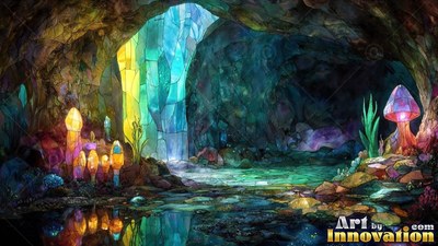 Shining into a dark rocky cavern, stained glass light illuminates mushrooms around a pool