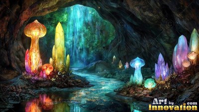 Bright crystals and mushrooms along a stream in a cave