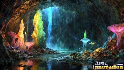Pointed yellow crystal pillars rise beside a pool inside a rocky cavern with a blue waterfall