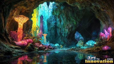 Tall crystal mushrooms grow inside a rock cavern beside water lit with blue and orange tones