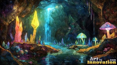 Facing forward in a dark cavern with bright mushrooms and a blue waterfall