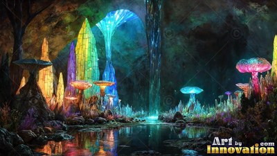 Tall crystal spires and bright mushrooms stand around a pool in a deep cave