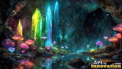In a deep cave, tall blue crystals and pink mushrooms stand around a pool
