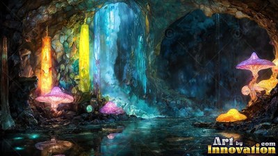 Shining inside a cave, bright mushrooms and crystal pillars light up still water