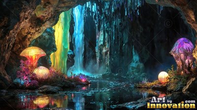 Cave with bright mushrooms around a pool and waterfalls