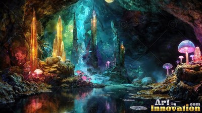 Pointed yellow crystal spires rise over shadowy cave water lined with pink mushrooms