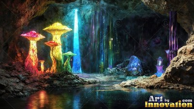 Colored clear glass mushrooms stand inside a shadowy cave, lit by a bright blue shaft of light