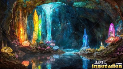 Standing upright in a dark cave, tall crystal pillars line a calm pool