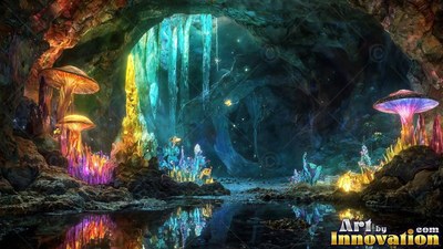 Tall mushrooms and bright crystals reflect in a shallow cave pool