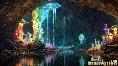 In a dark cave, colorful leaded colored glass mushrooms grow beside a still pool