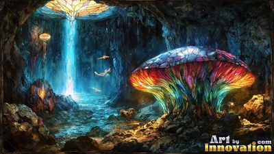 Spreading inside a shadowy cave, a stained glass mushroom shines by a blue waterfall