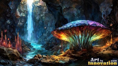 A bright mushroom stands by a blue river in a cave