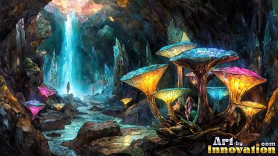Flared stained-clear glass mushrooms shine yellow in a dark cavern near a blue waterfall
