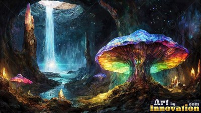 A giant mushroom stands in a cave beside a waterfall, lit from underneath in rainbow colors