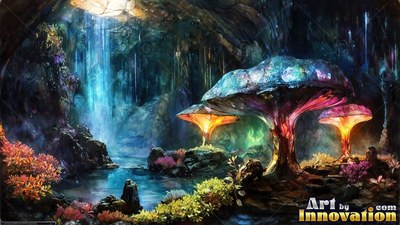Sprouting tall inside a dark cave, bright mushrooms stand over blue water