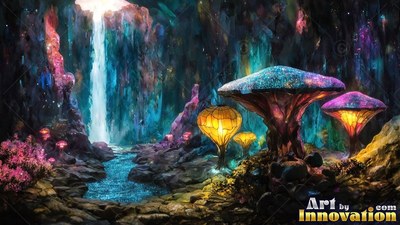 Tall blue and yellow mushrooms grow beside a rocky waterfall in a dark cavern