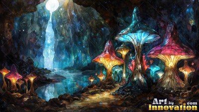 In a dark cave, tall stained clear glass mushrooms shine beside a blue pool