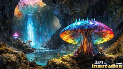 Sprouting beside an underground river, a colored glass mushroom shines with rainbow light